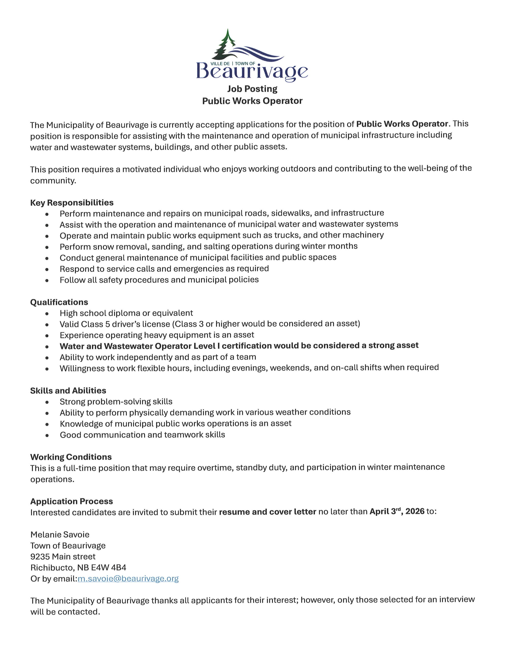 Job posting - Public Works Operator